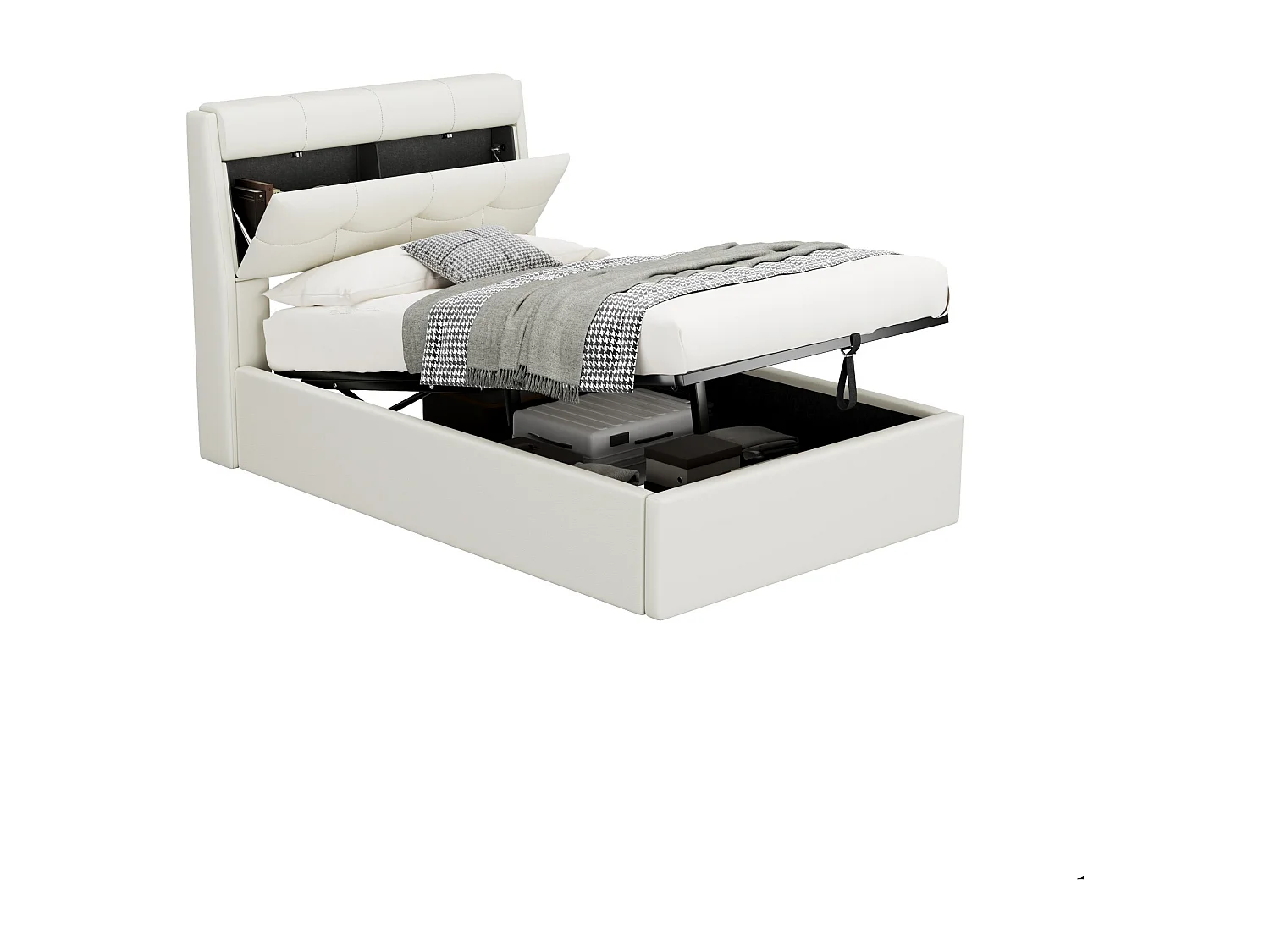 Lit rembourré avec rangement hydraulique, PU, blanc, avec tiroirs et tête de lit (196.8x30.5x17.7 cm)