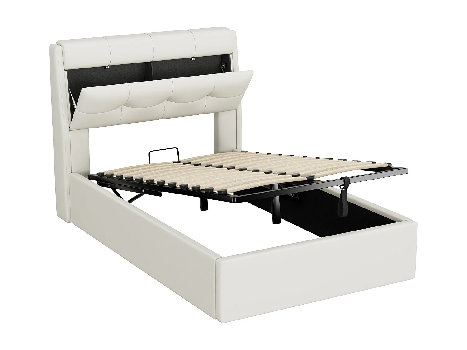 Gestoffeerd bed met hydraulische opbergruimte, PU, wit, met lades en hoofdbord (196,8x30,5x17,7 cm)