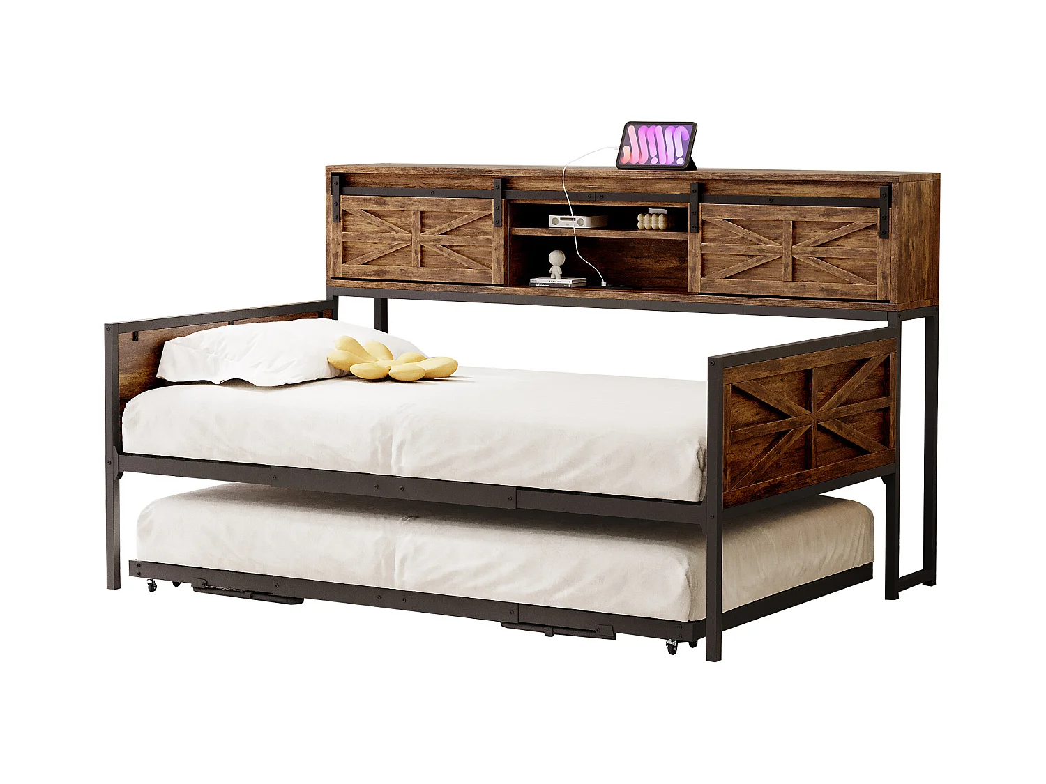 Cama de metal 90\200 cm, con cama extensible, estantes y tomas USB, color negro y marrón (206x107x109 cm)