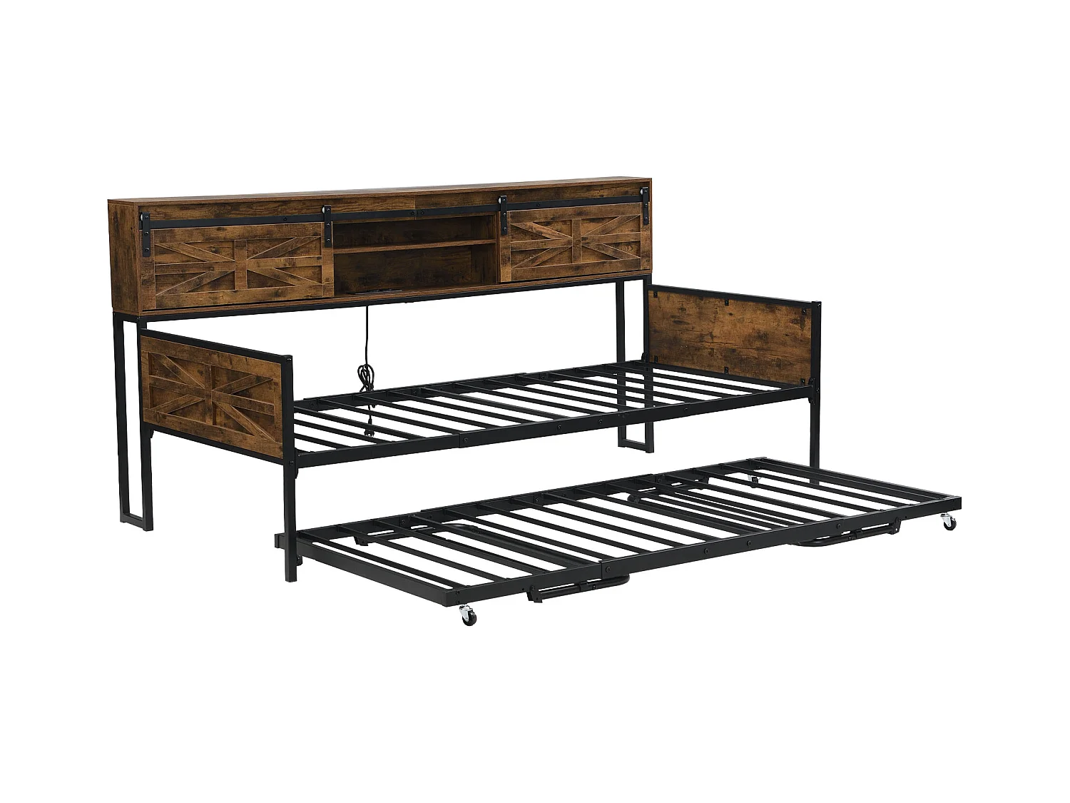 Cama de metal 90\200 cm, con cama extensible, estantes y tomas USB, color negro y marrón (206x107x109 cm)