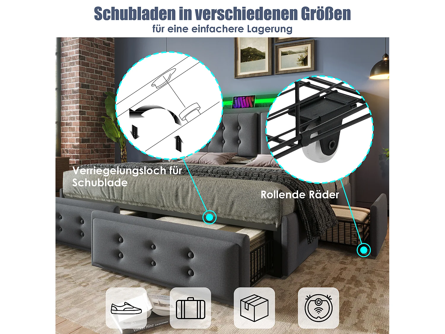 Lit double 140x200 avec tête de lit LED et port USB-C, 4 tiroirs de rangement, sommier en bois et métal, gris, (220x148x106 cm)