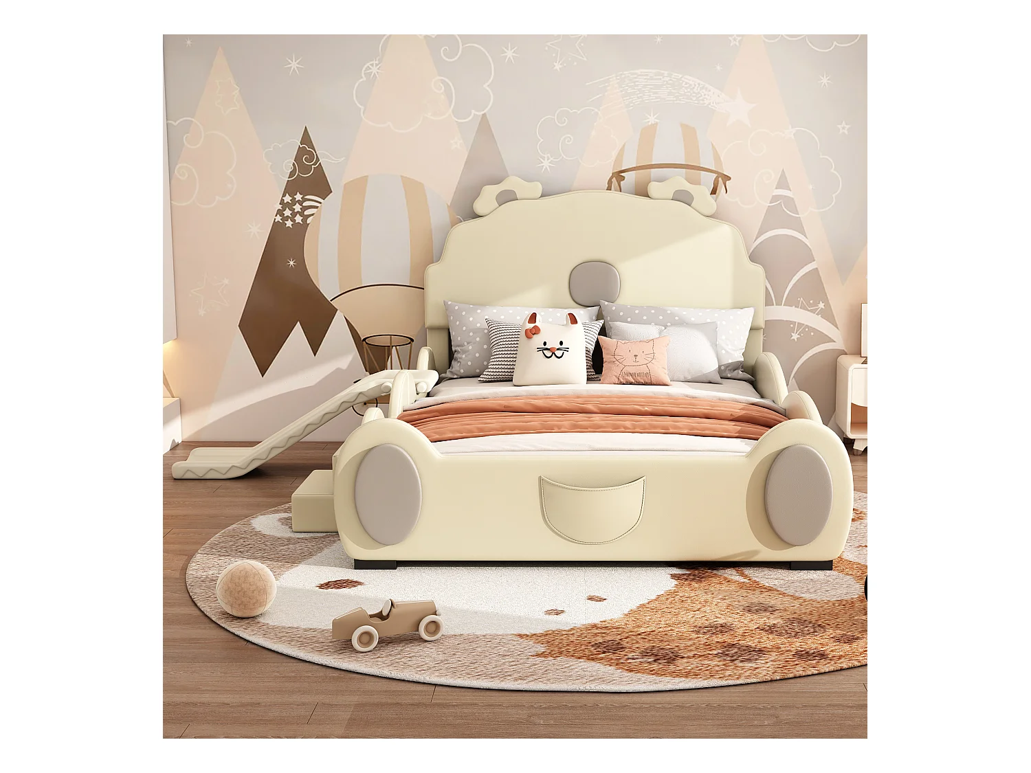 Lit Enfant Cartoon Bateau, 140x200 cm, avec Rétro et Échelle, Matériau PU, Beige (209.5x249x110 cm)