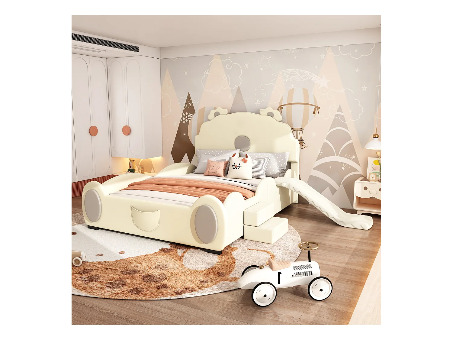 Lit Enfant Cartoon Bateau, 140x200 cm, avec Rétro et Échelle, Matériau PU, Beige (209.5x249x110 cm)