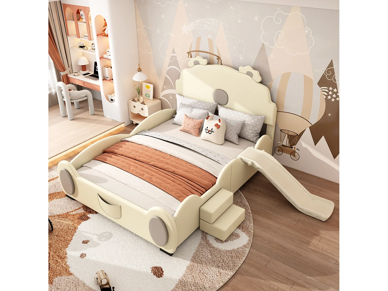 Lit Enfant Cartoon Bateau, 140x200 cm, avec Rétro et Échelle, Matériau PU, Beige (209.5x249x110 cm)