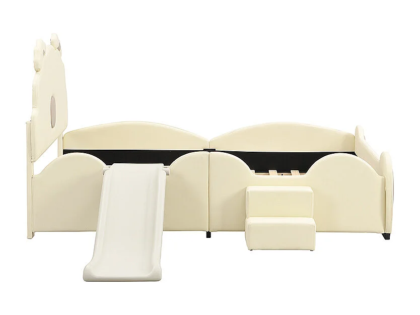 Lit Enfant Cartoon Bateau, 140x200 cm, avec Rétro et Échelle, Matériau PU, Beige (209.5x249x110 cm)