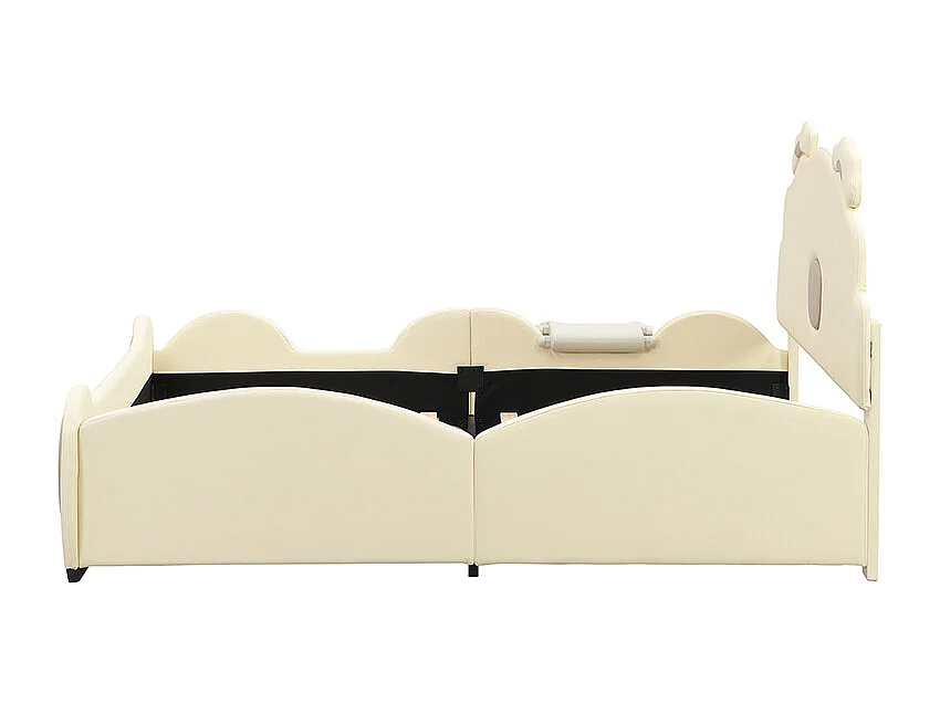 Lit Enfant Cartoon Bateau, 140x200 cm, avec Rétro et Échelle, Matériau PU, Beige (209.5x249x110 cm)
