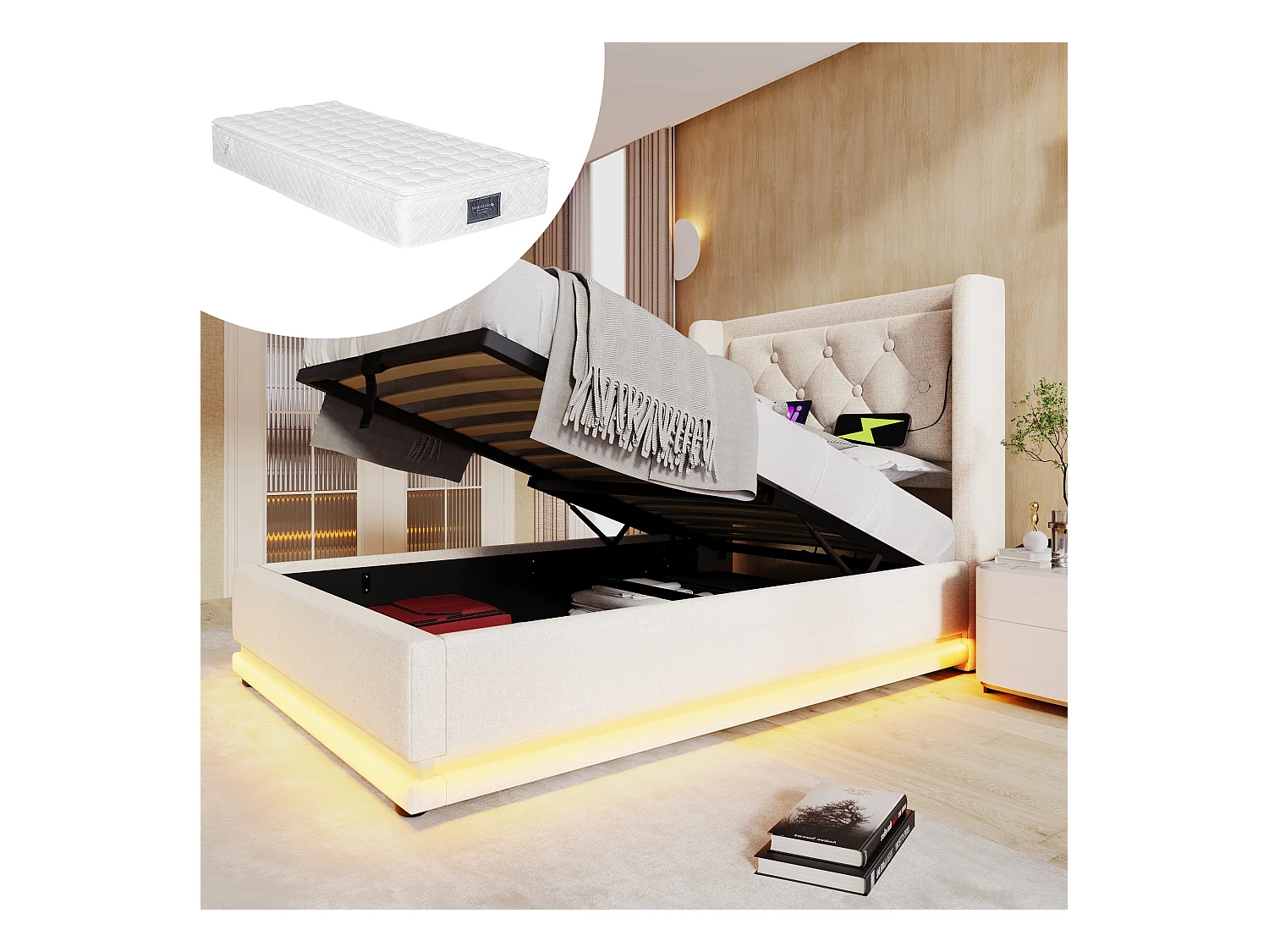 Lit avec LED 3 côtés et Tête de Lit Rembourrée, Lit 90x200 cm, Tissu Coton Beige, Rangement Hydraulique, Fonction USB-C (210x100x101 cm)