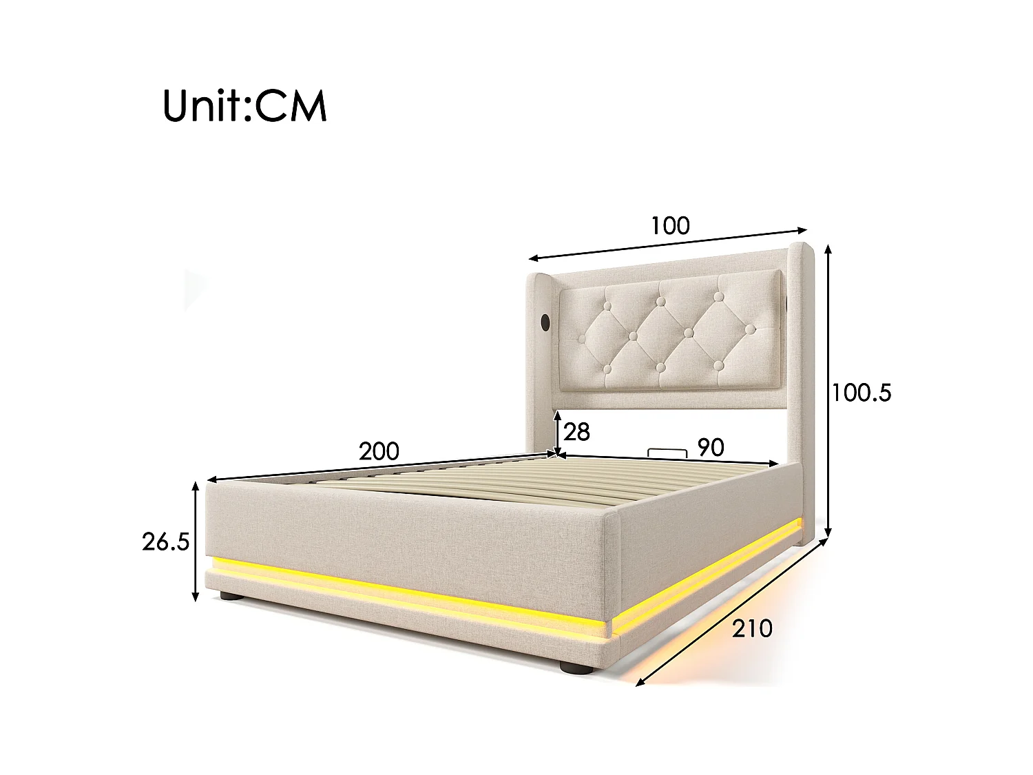 Lit avec LED 3 côtés et Tête de Lit Rembourrée, Lit 90x200 cm, Tissu Coton Beige, Rangement Hydraulique, Fonction USB-C (210x100x101 cm)