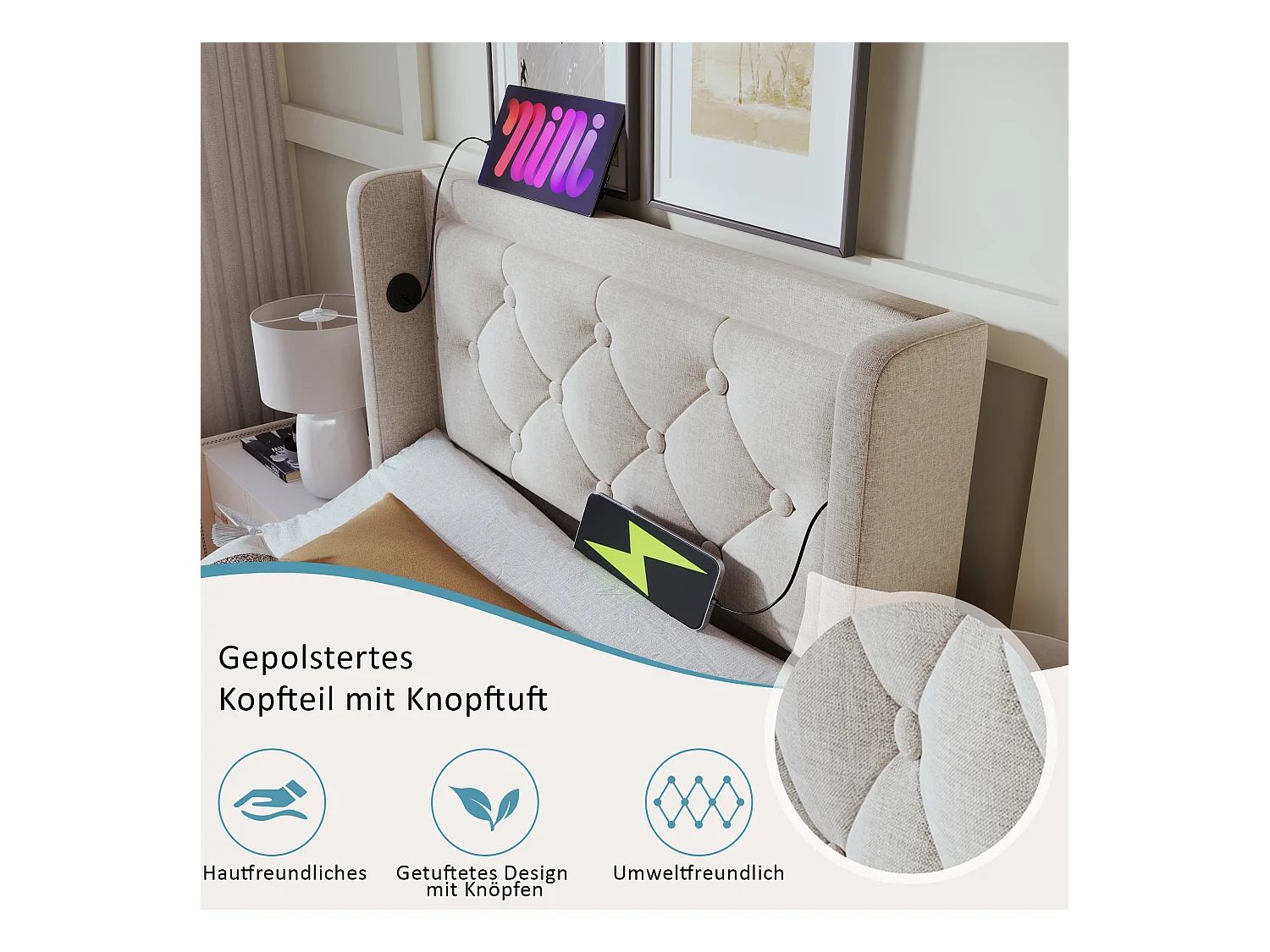 Lit avec LED 3 côtés et Tête de Lit Rembourrée, Lit 90x200 cm, Tissu Coton Beige, Rangement Hydraulique, Fonction USB-C (210x100x101 cm)