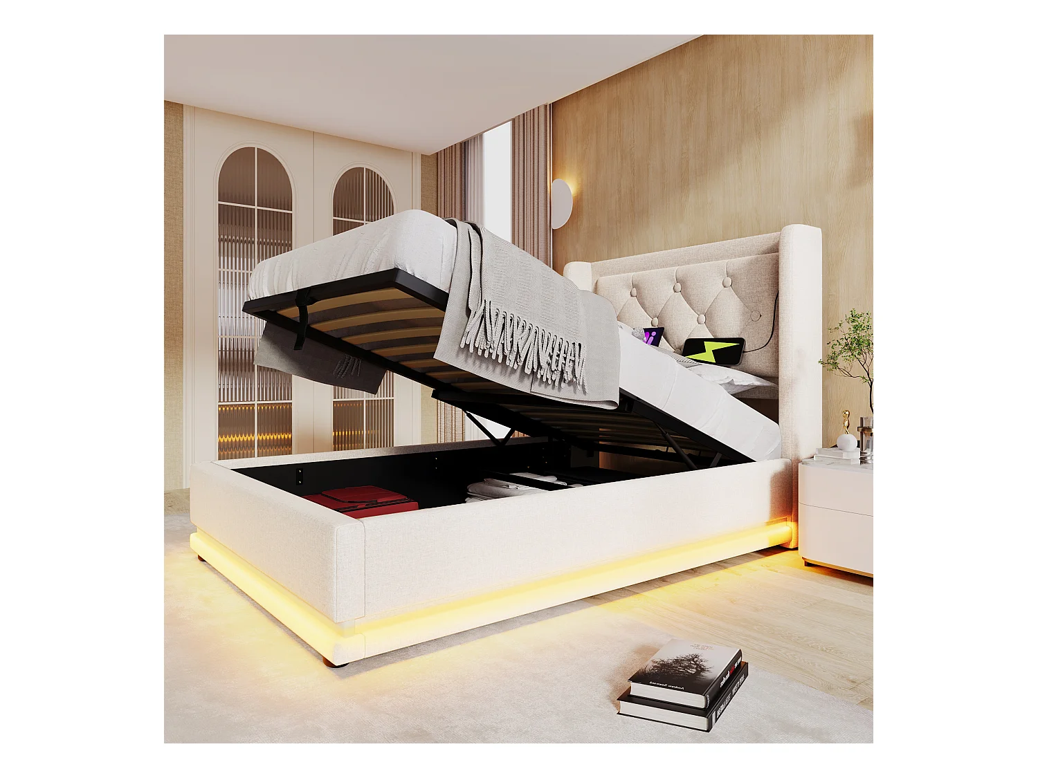 Lit avec LED 3 côtés et Tête de Lit Rembourrée, Lit 90x200 cm, Tissu Coton Beige, Rangement Hydraulique, Fonction USB-C (210x100x101 cm)