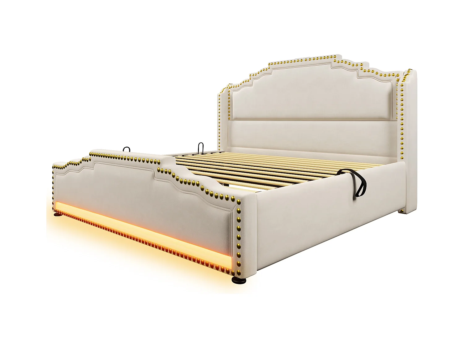 Lit double 160x200 avec espace de rangement hydraulique, éclairage LED et prise USB-C, en velours beige (213x170x120 cm)