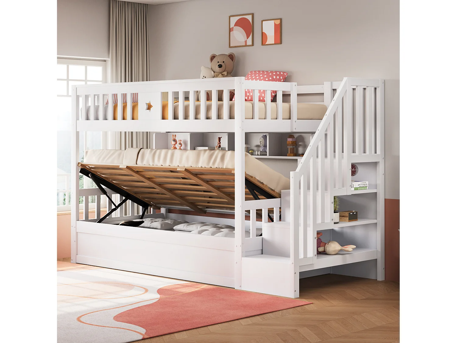 Mezzaninebed 90\200 cm, met veiligheidsladder en opbergruimte, hout, wit (253x95x151 cm)