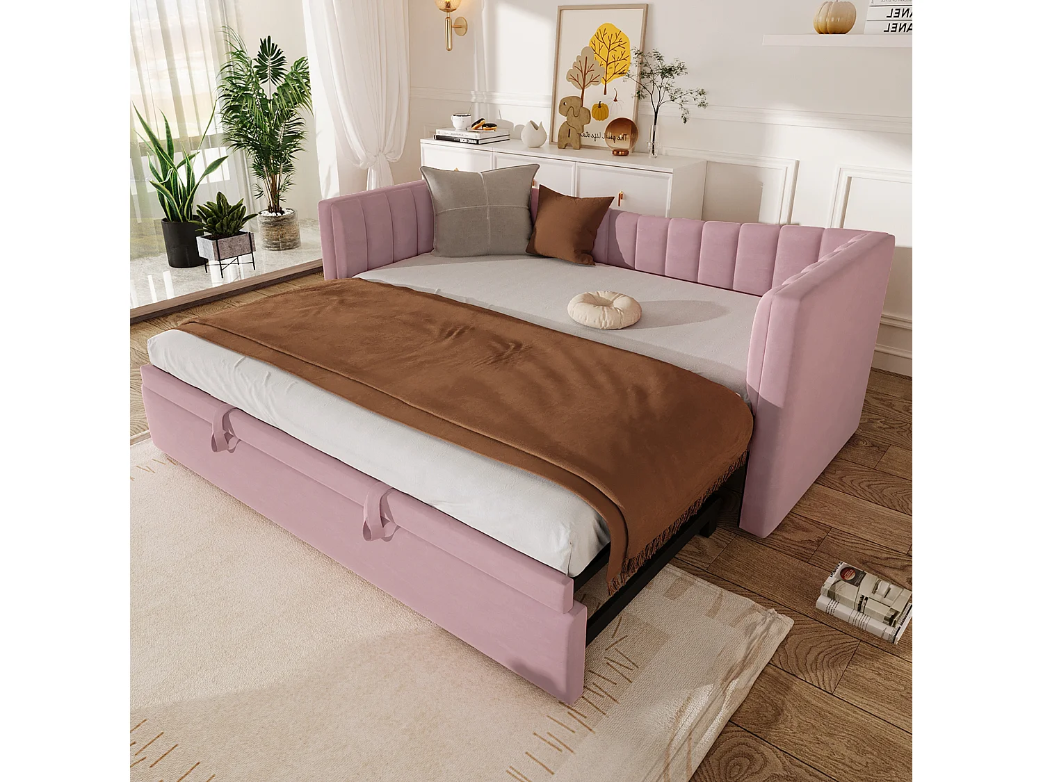 Vlak bed met bureau, lades en planken, grenenhout, wit (90x200 cm)
