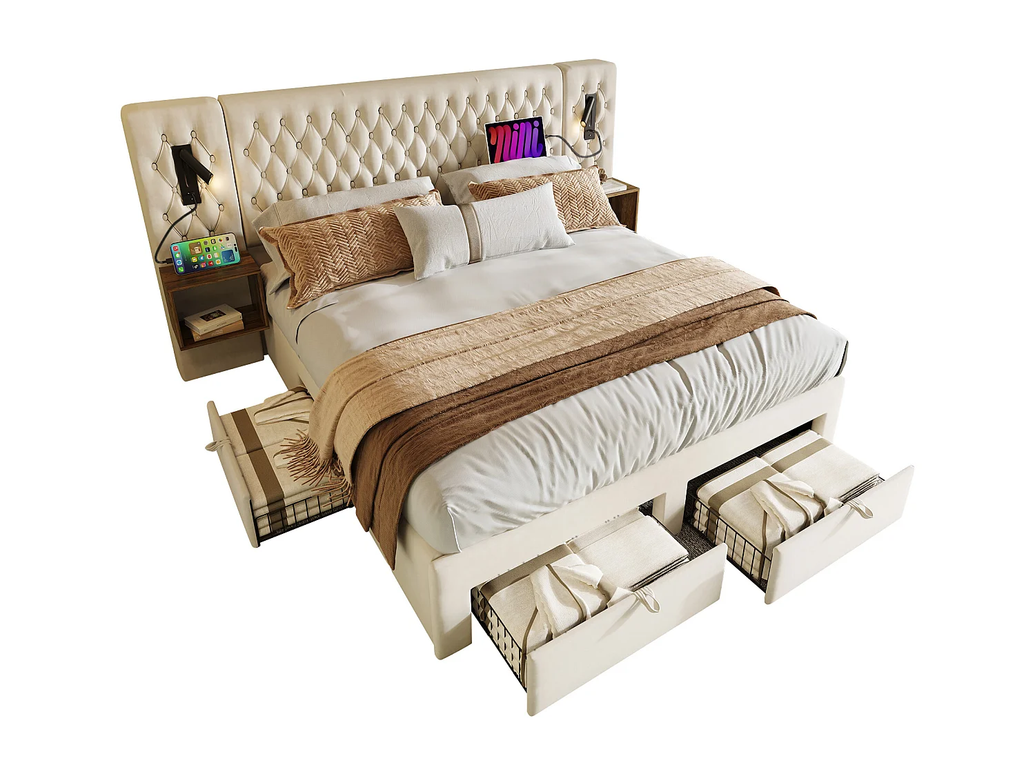 Lit 180x200 cm avec 2 tables de nuit et 4 tiroirs, tête de lit avec éclairage et chargeur USB, velours beige (243x211x106 cm)