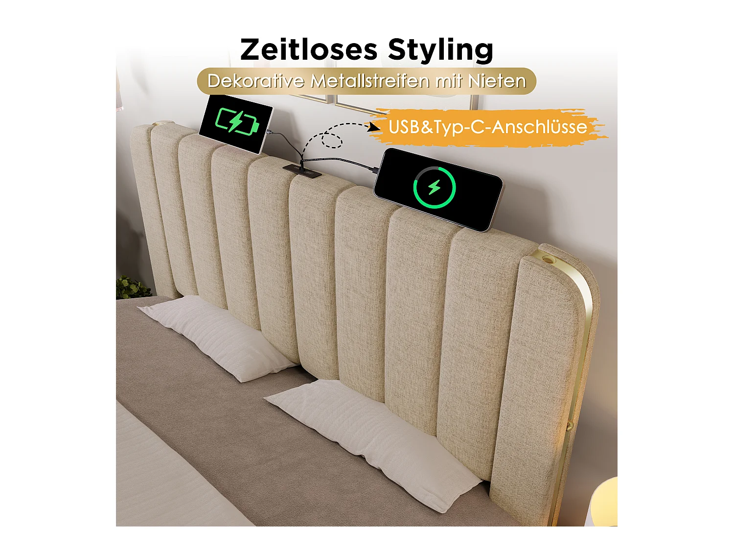 Lit capitonné, tête de lit avec bandes dorées et USB Type-C, lit de stockage hydraulique, lin beige, 140x200 cm, 4 tiroirs (216x150x101 cm)