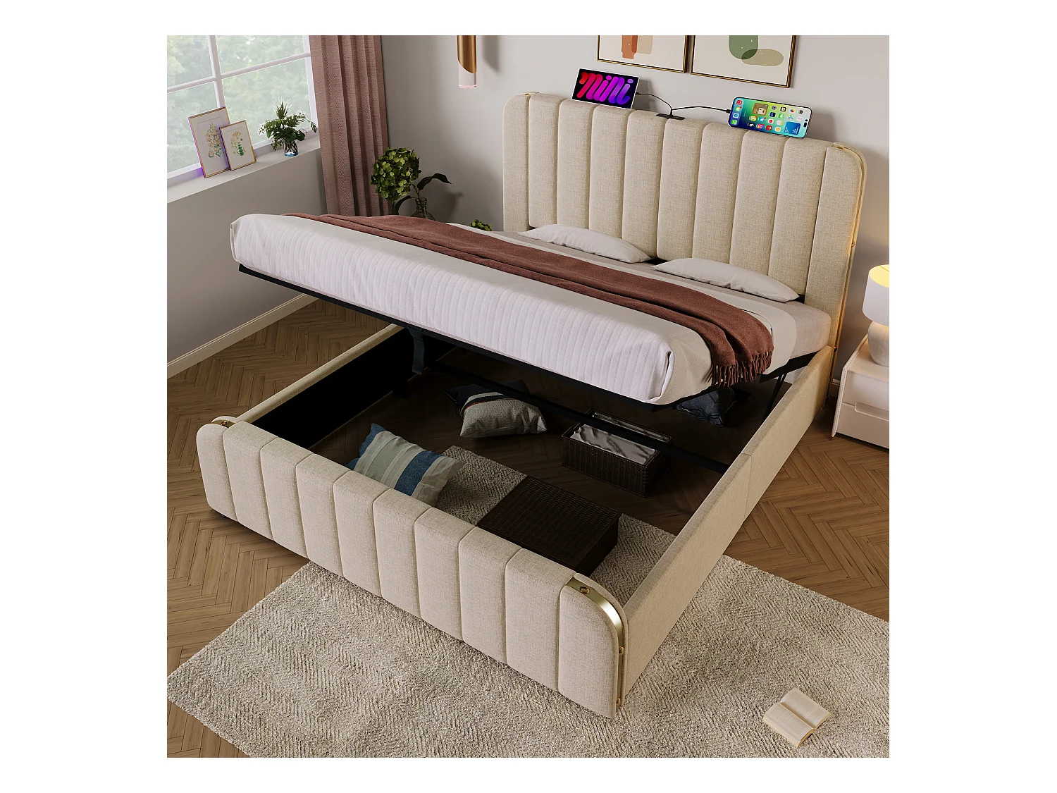 Lit capitonné, tête de lit avec bandes dorées et USB Type-C, lit de stockage hydraulique, lin beige, 140x200 cm, 4 tiroirs (216x150x101 cm)