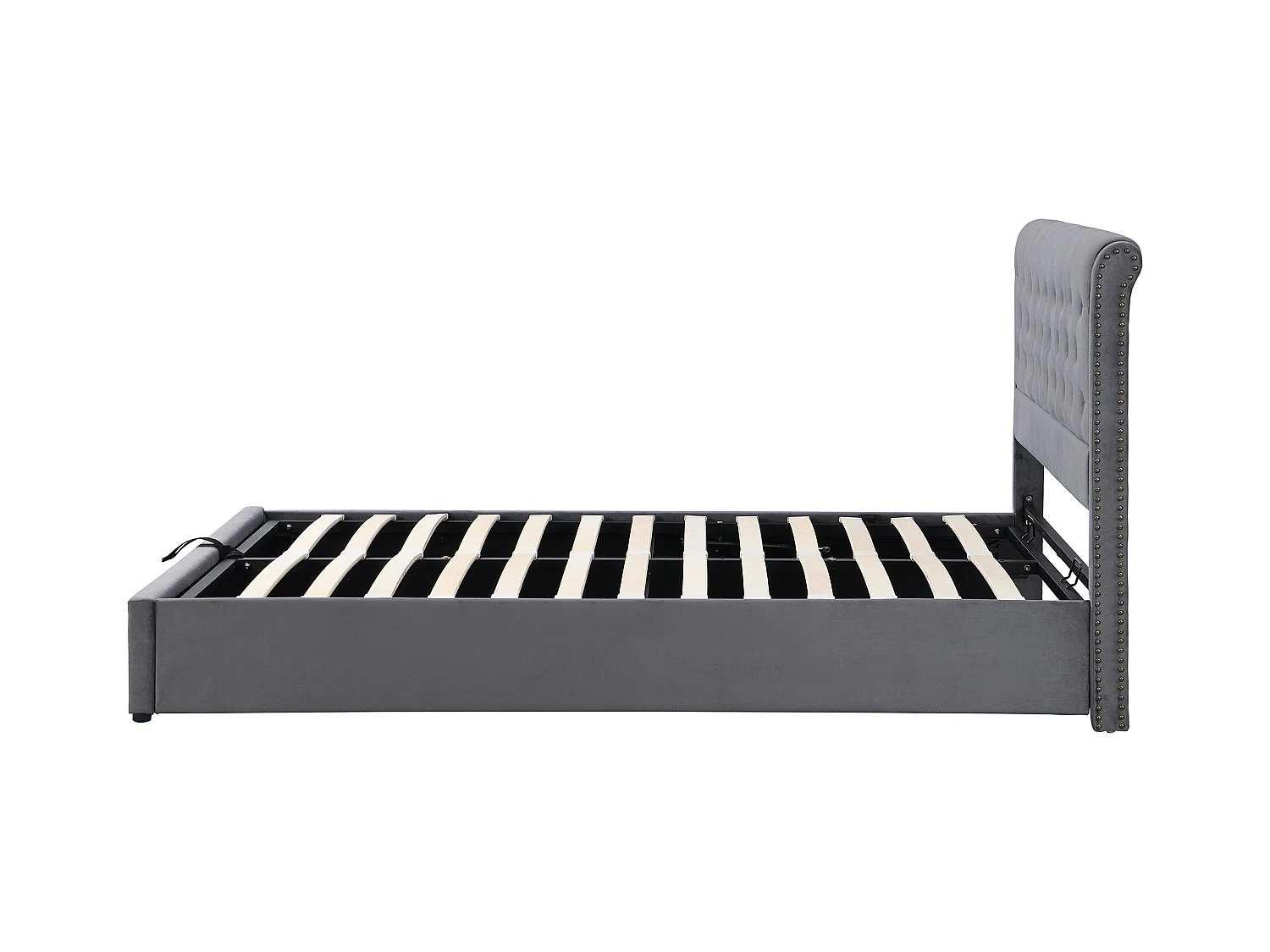 Lit en velours gris avec hydraulique, coffre de rangement et rivets décoratifs (140x200 cm)