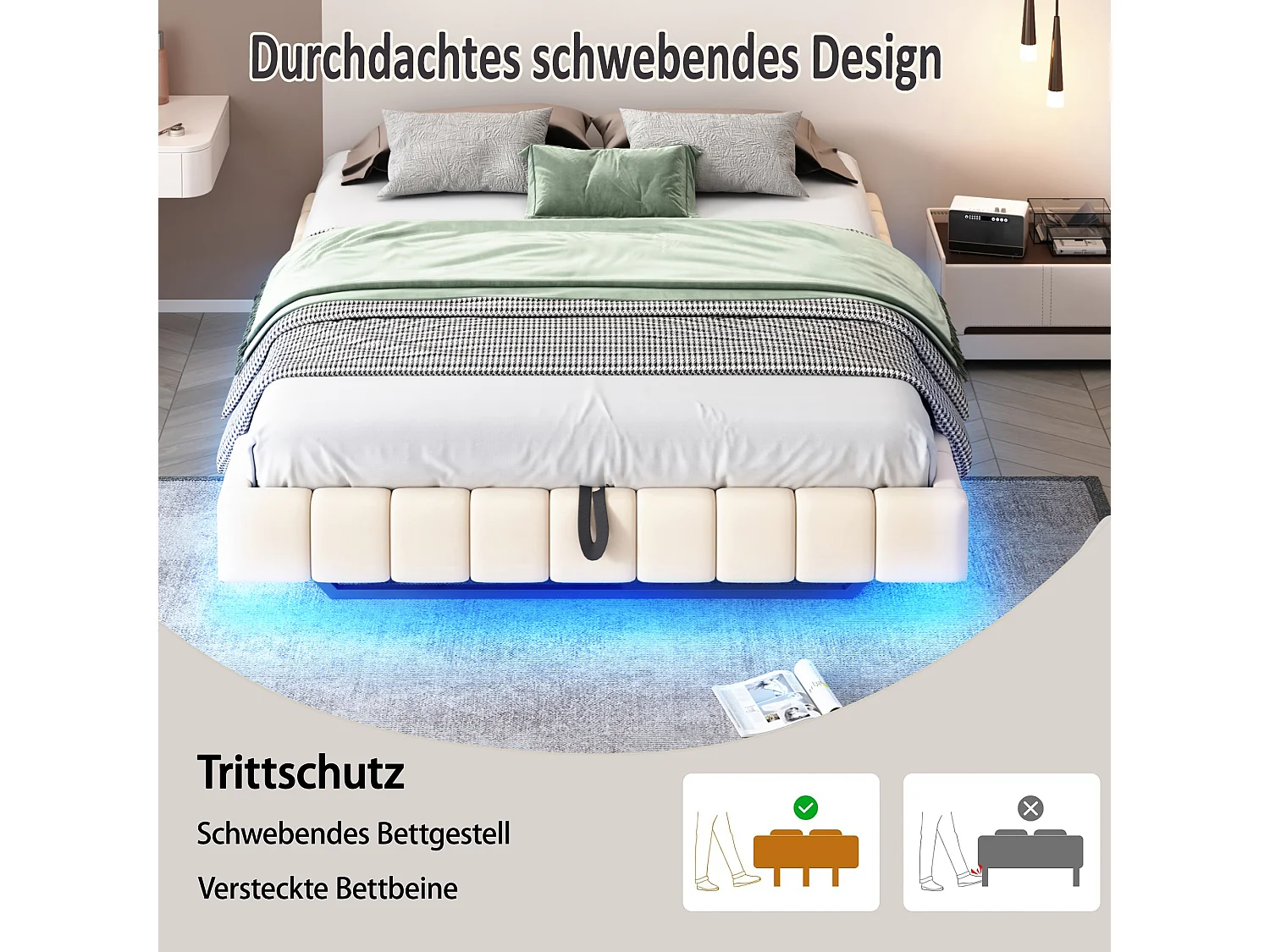 Lit suspendu 180x200 cm avec cadre flottant, rangement hydraulique, sans tête de lit, avec éclairage LED, lin beige (201x181x31 cm)