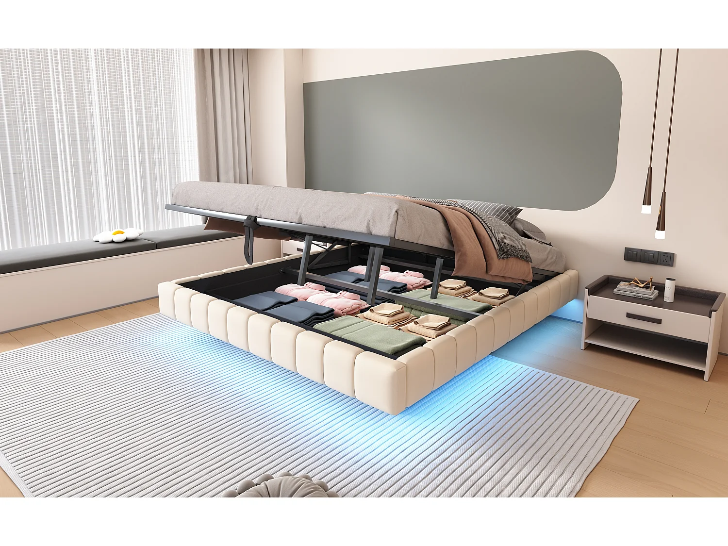 Lit suspendu 180x200 cm avec cadre flottant, rangement hydraulique, sans tête de lit, avec éclairage LED, lin beige (201x181x31 cm)