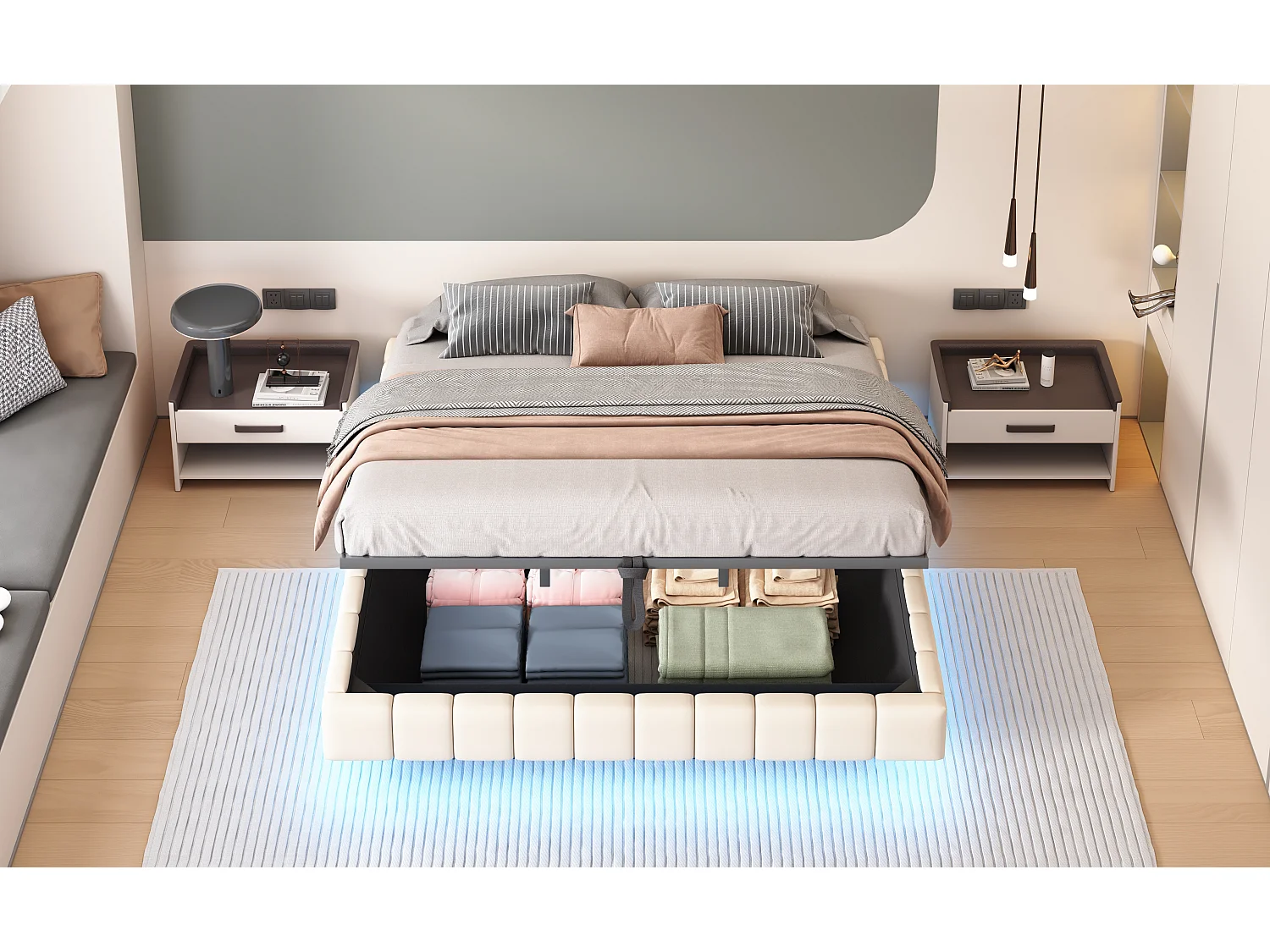 Lit suspendu 180x200 cm avec cadre flottant, rangement hydraulique, sans tête de lit, avec éclairage LED, lin beige (201x181x31 cm)