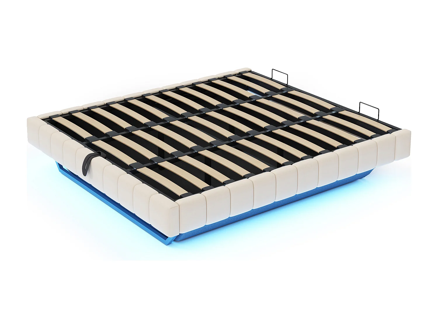 Lit suspendu 180x200 cm avec cadre flottant, rangement hydraulique, sans tête de lit, avec éclairage LED, lin beige (201x181x31 cm)