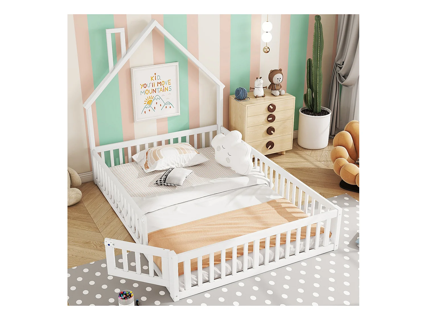 Lit pour enfant, 140 x 190 cm, avec tête de lit en forme de cheminée, cadre en pin avec lattes, style minimaliste, blanc (140x190x164 cm)