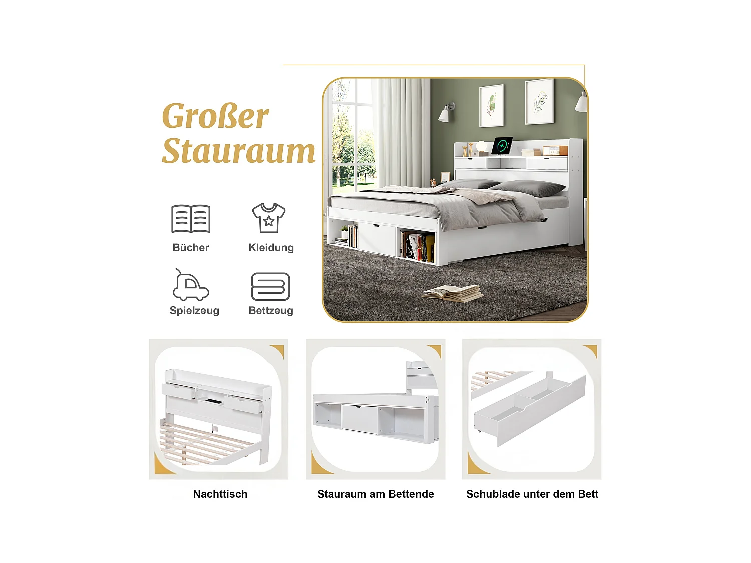 Tweepersoonsbed, 160x200cm, met USB-aansluiting & lades & opbergruimte, multifunctioneel, grenenhout, wit (L160xD200xH60cm)