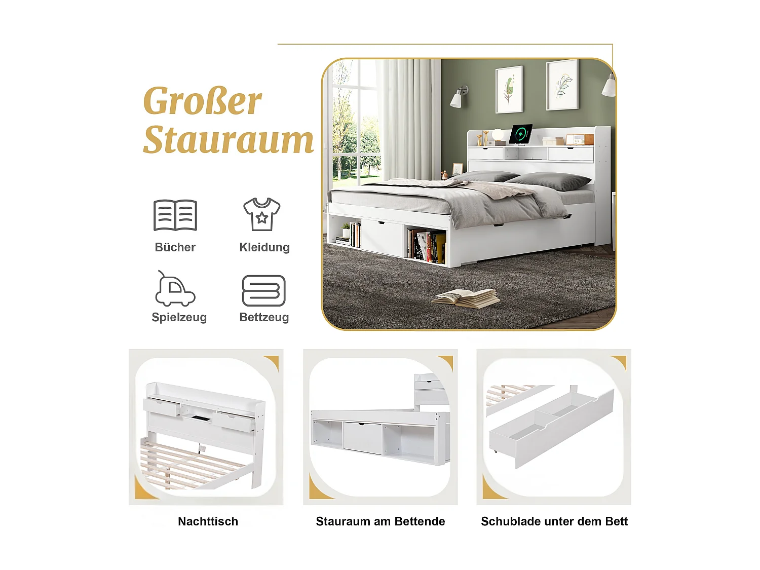 Lit double, 160x200cm, avec port USB & tiroirs & espace de rangement, multifonctionnel, bois de pin, blanc (L160xP200xH60cm)