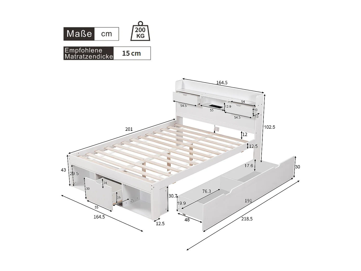 Tweepersoonsbed, 160x200cm, met USB-aansluiting & lades & opbergruimte, multifunctioneel, grenenhout, wit (L160xD200xH60cm)