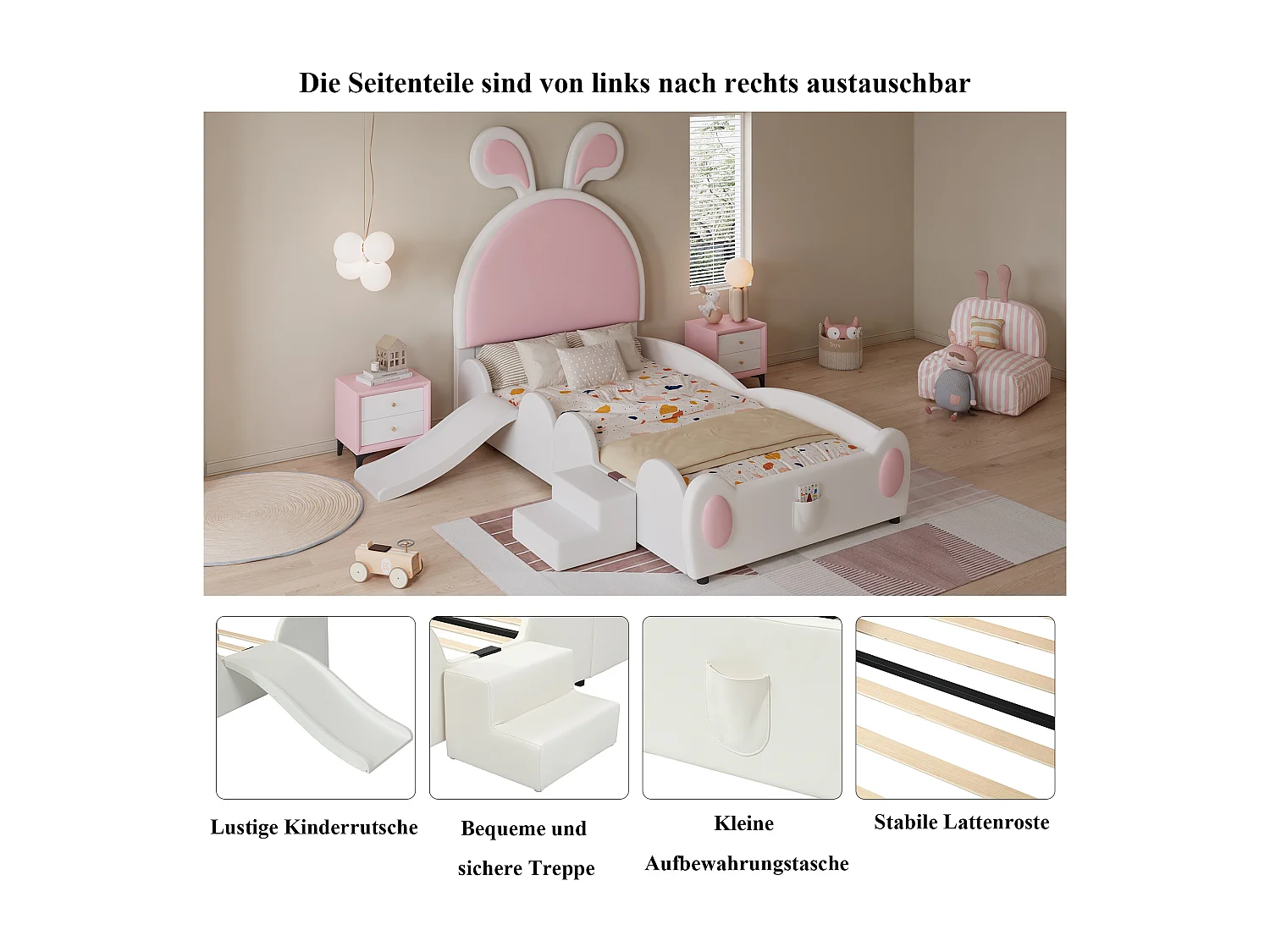 Lit Enfant avec Rembourrage, Échelle et Toboggan, Tête de Lit avec Oreilles de Lapin, PU, Blanc+Rose (209.5x167x131.5 cm)