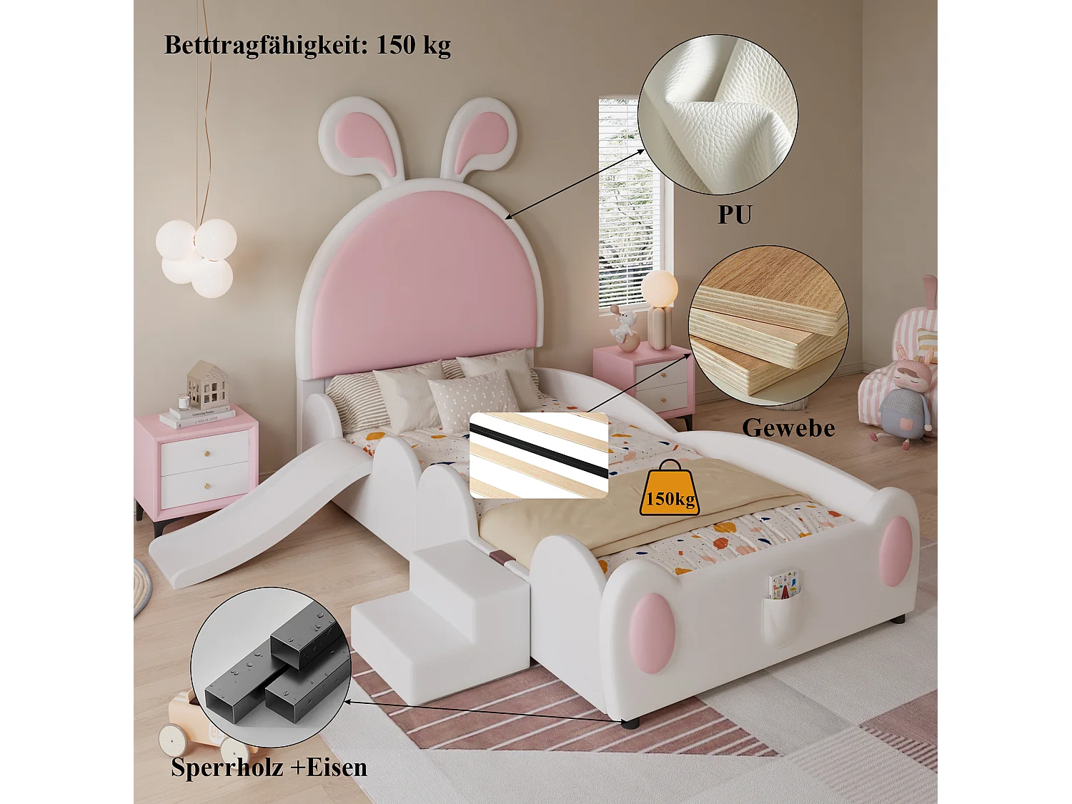 Lit Enfant avec Rembourrage, Échelle et Toboggan, Tête de Lit avec Oreilles de Lapin, PU, Blanc+Rose (209.5x167x131.5 cm)