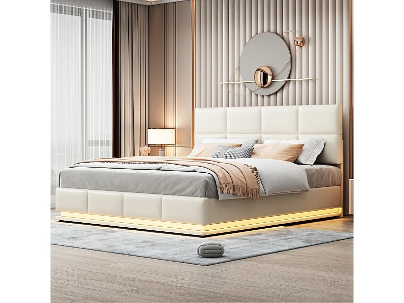 Cama de 180x200 cm con iluminación LED, canapé hidráulico y somier de láminas, en símil piel beige (200x181x91 cm)