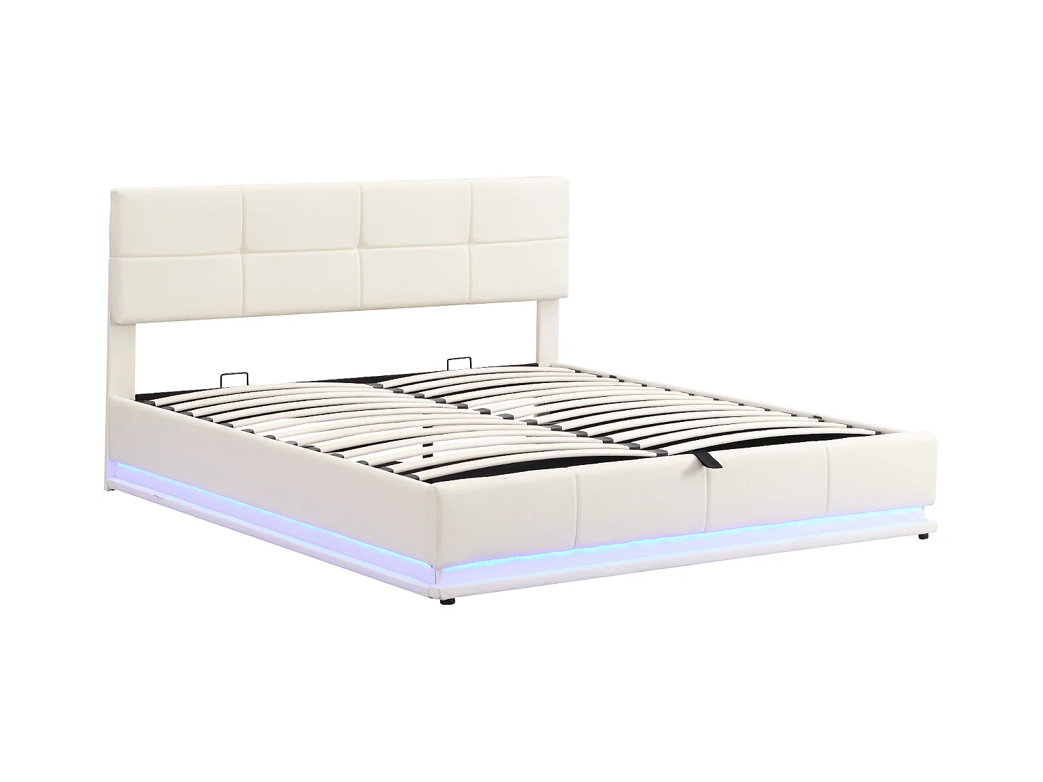 Lit 180x200 cm avec éclairage LED, rangement hydraulique et sommier à lattes, en simili cuir beige (200x181x91 cm)