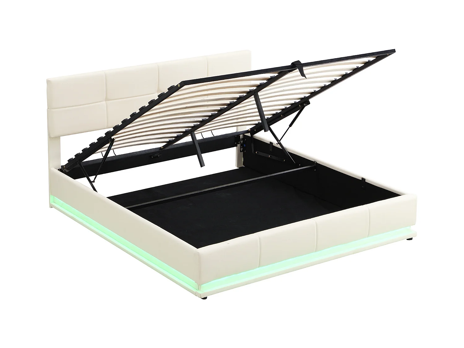 Lit 180x200 cm avec éclairage LED, rangement hydraulique et sommier à lattes, en simili cuir beige (200x181x91 cm)
