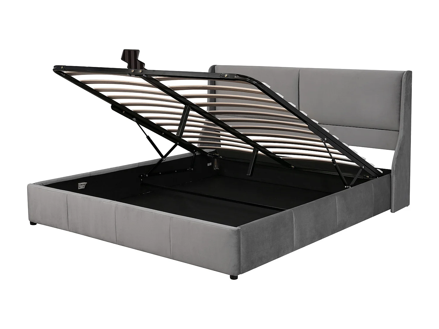 Lit 180x200 avec Tête de Lit Rembourrée, Hydraulique, Design Rayé, PU, Gris (209x188x100.5 cm)