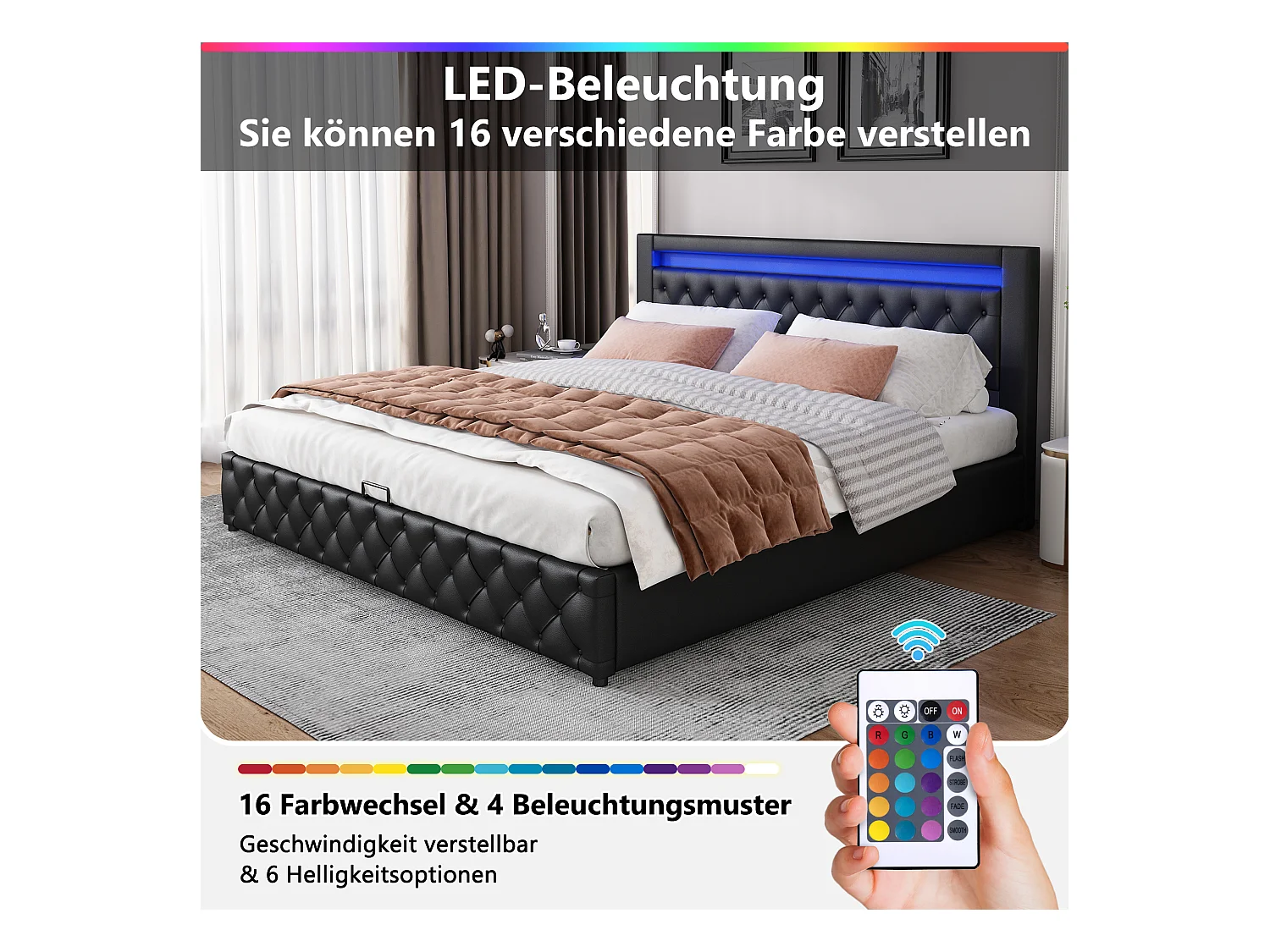 Lit 180x200 avec Tête de Lit et LED, Fonctionnel avec 2 tiroirs de Rangement, PU, Noir (207x182x100 cm)