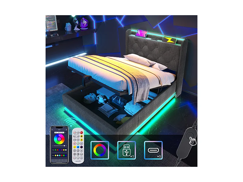 Cama individual con iluminación LED de 360°, función de carga USB tipo C, 90x200 cm, lino gris (sin colchón)