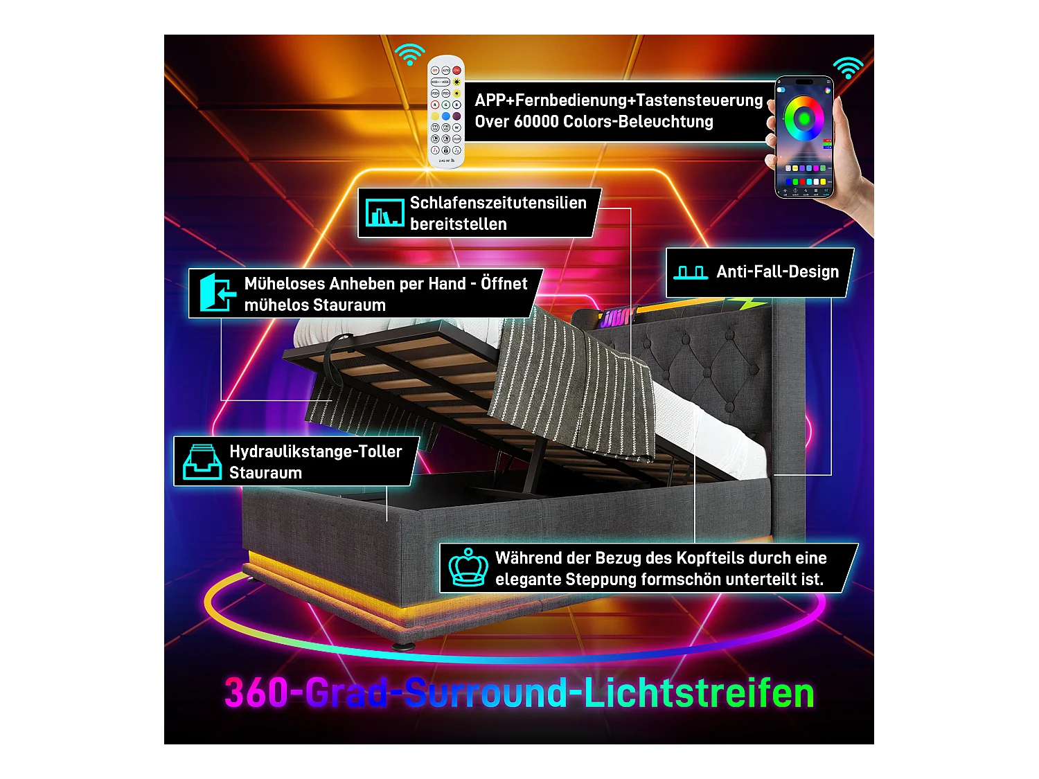 Lit simple avec éclairage LED 360°, fonction de charge USB Type-C, 90x200 cm, Lin gris (sans matelas)