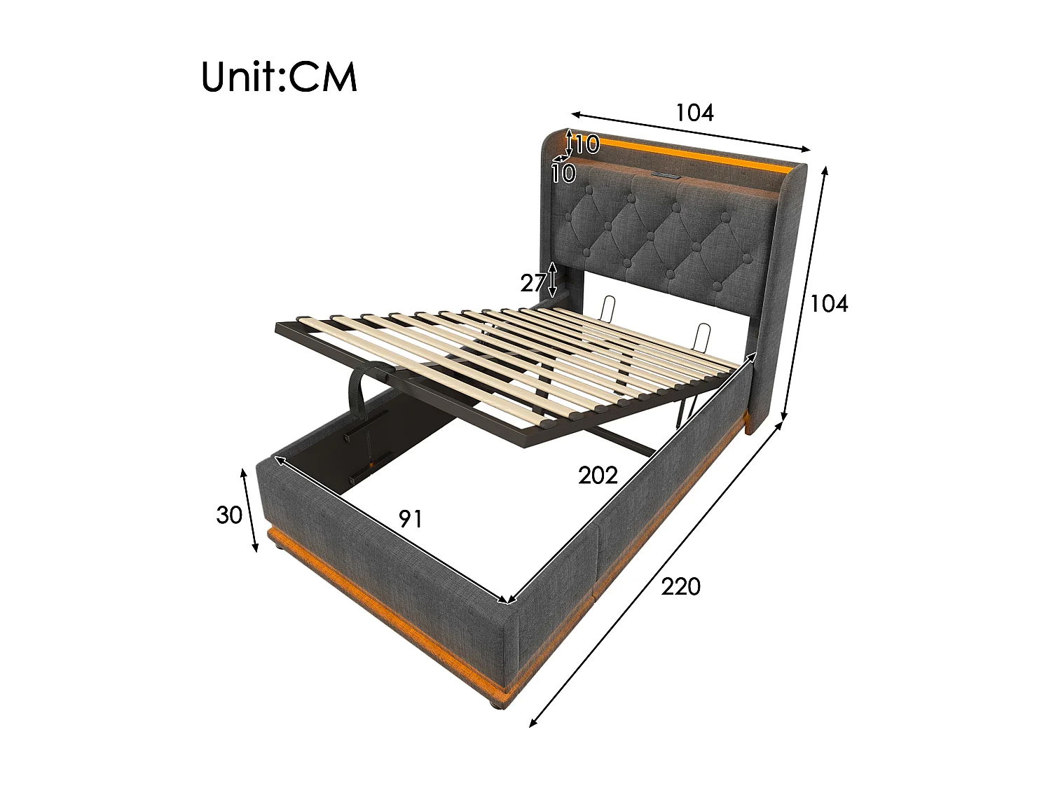 Eenpersoonsbed met 360° LED-verlichting, USB Type-C oplaadfunctie, 90x200 cm, grijs linnen (zonder matras)