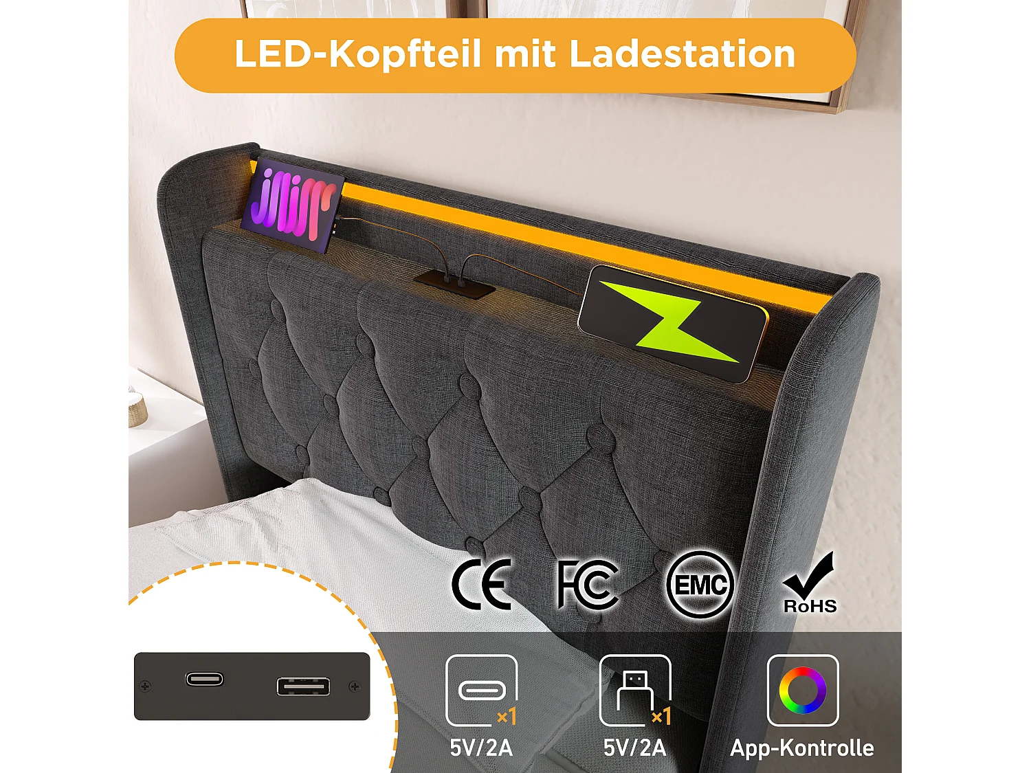 Eenpersoonsbed met 360° LED-verlichting, USB Type-C oplaadfunctie, 90x200 cm, grijs linnen (zonder matras)