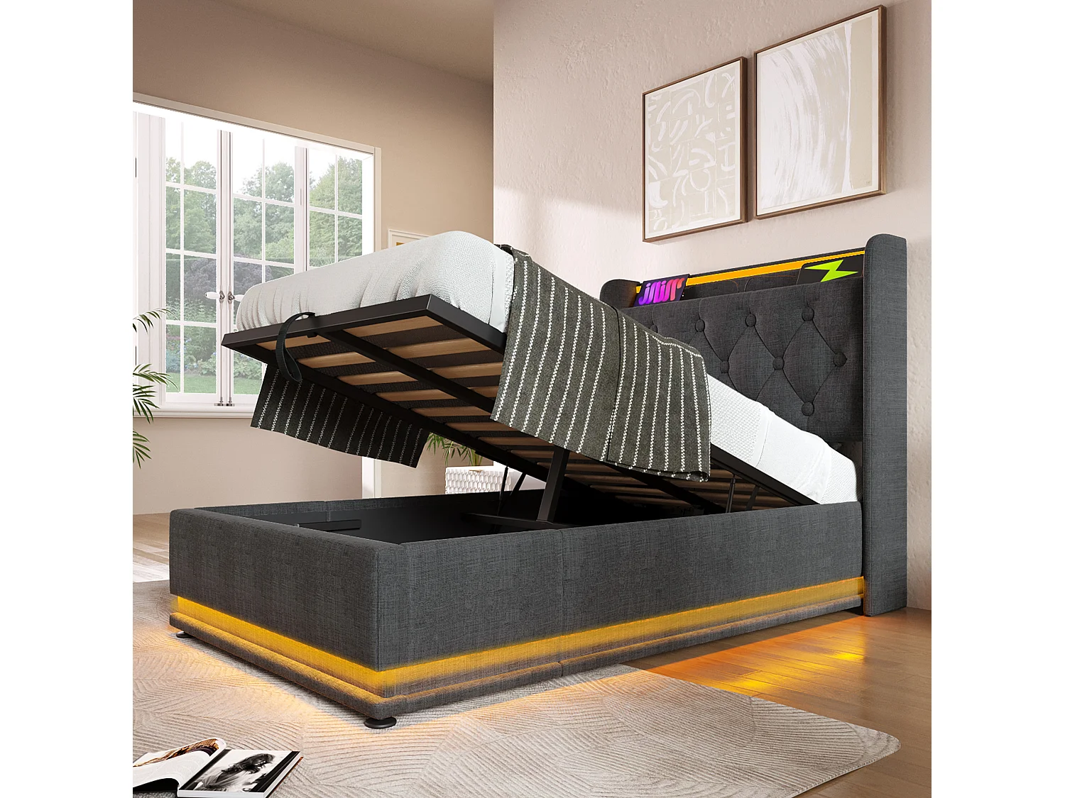 Eenpersoonsbed met 360° LED-verlichting, USB Type-C oplaadfunctie, 90x200 cm, grijs linnen (zonder matras)