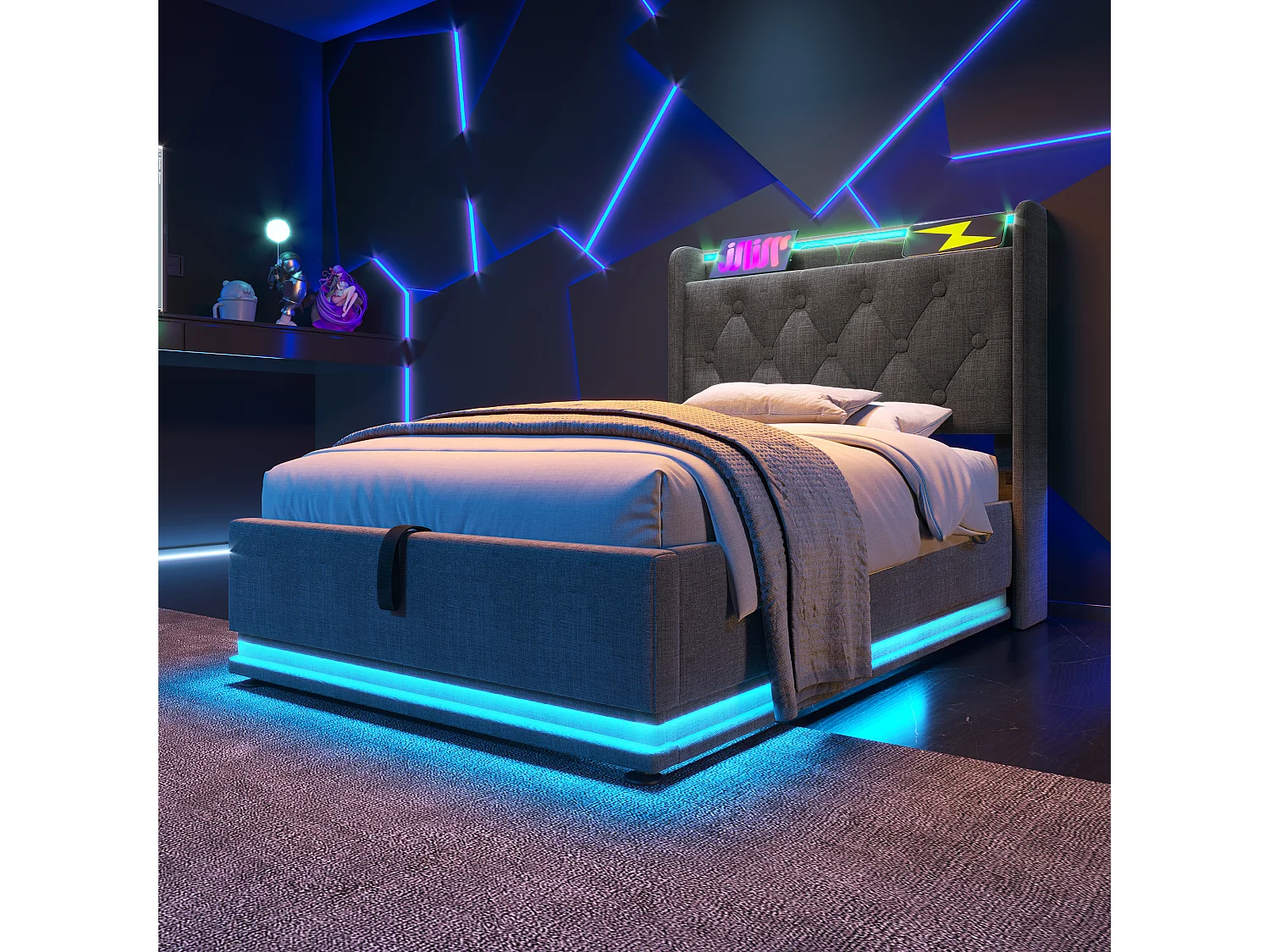 Eenpersoonsbed met 360° LED-verlichting, USB Type-C oplaadfunctie, 90x200 cm, grijs linnen (zonder matras)