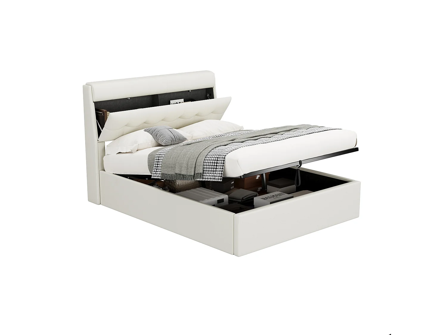 Lit avec rangement hydraulique, PU, blanc, avec tiroirs et tête de lit, 140x190 cm (188.5x31x18 cm)