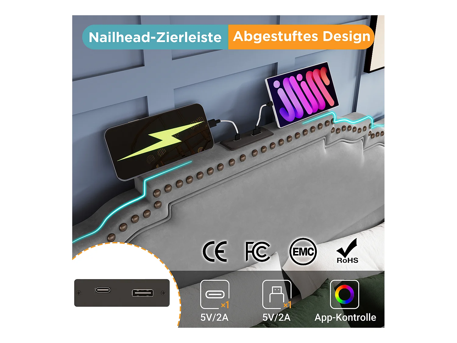 Lit double 160x200 avec 4 tiroirs, LED et USB-C, en velours gris (214x169x120 cm)