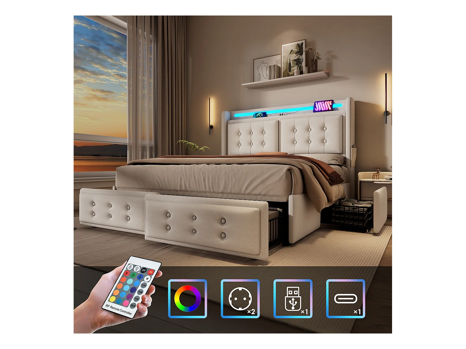 Lit double 140x200 avec tête de lit LED et fonction de charge USB C, structure en bois et métal avec 4 tiroirs de rangement (sans matelas)