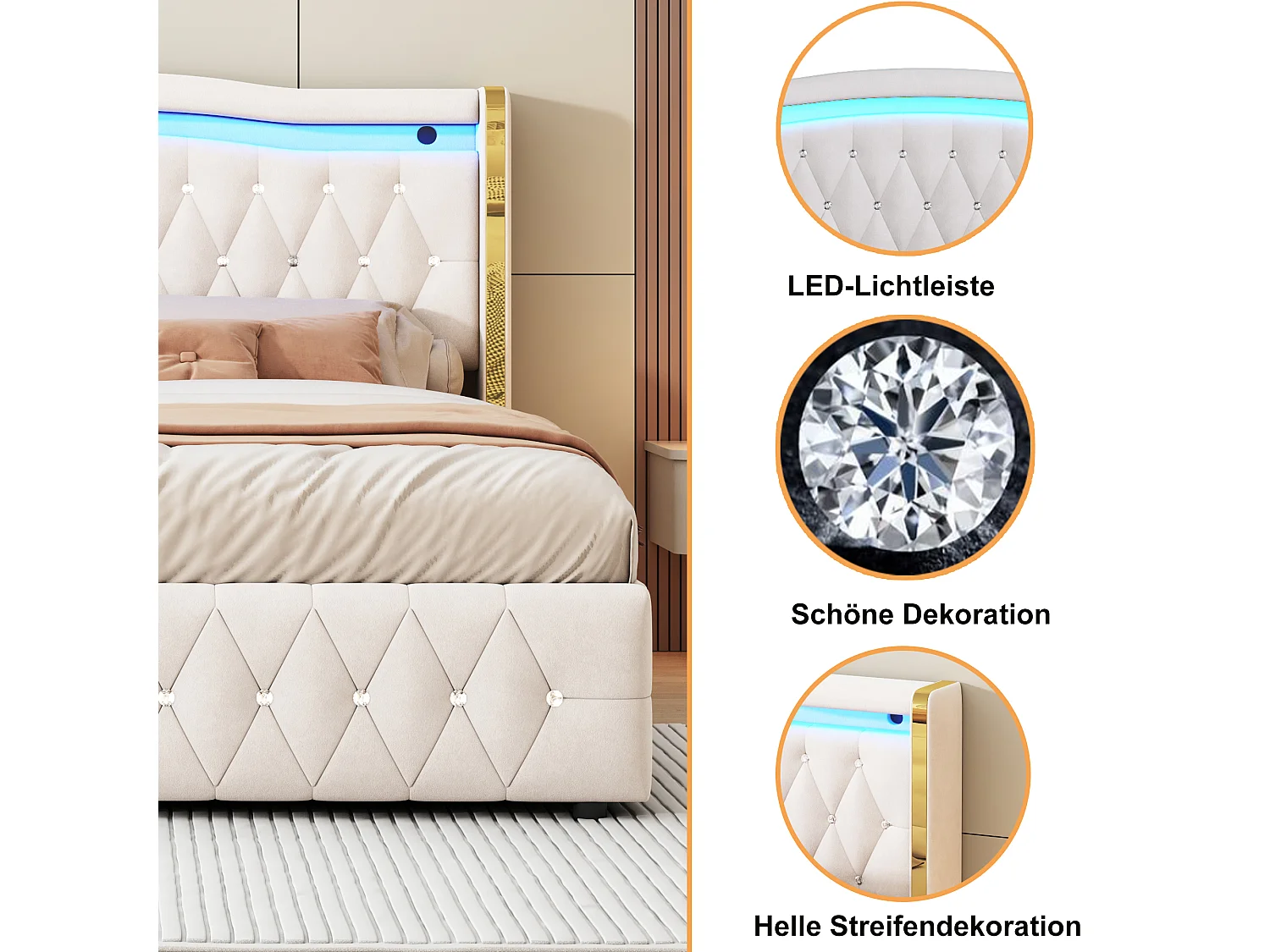 Cama con LED multicolor, sistema de almacenamiento hidráulico, tela de terciopelo, detalles de rombos, patas anchas, gris (140x200 cm)