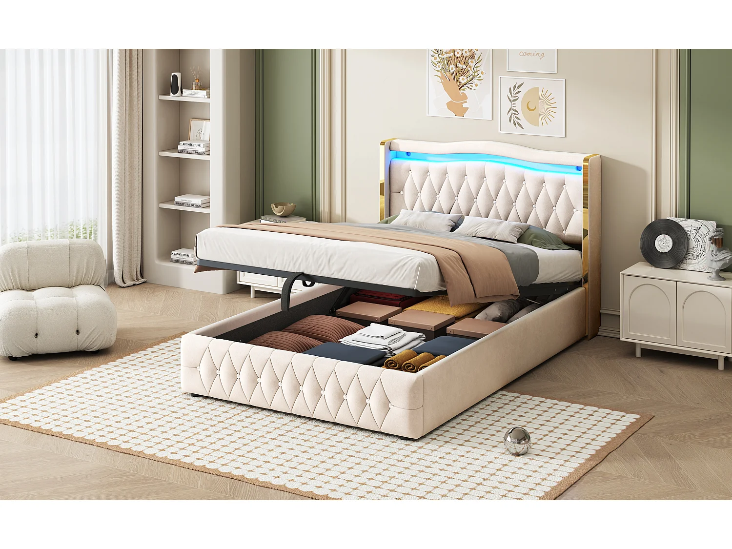 Cama con LED multicolor, sistema de almacenamiento hidráulico, tela de terciopelo, detalles de rombos, patas anchas, gris (140x200 cm)