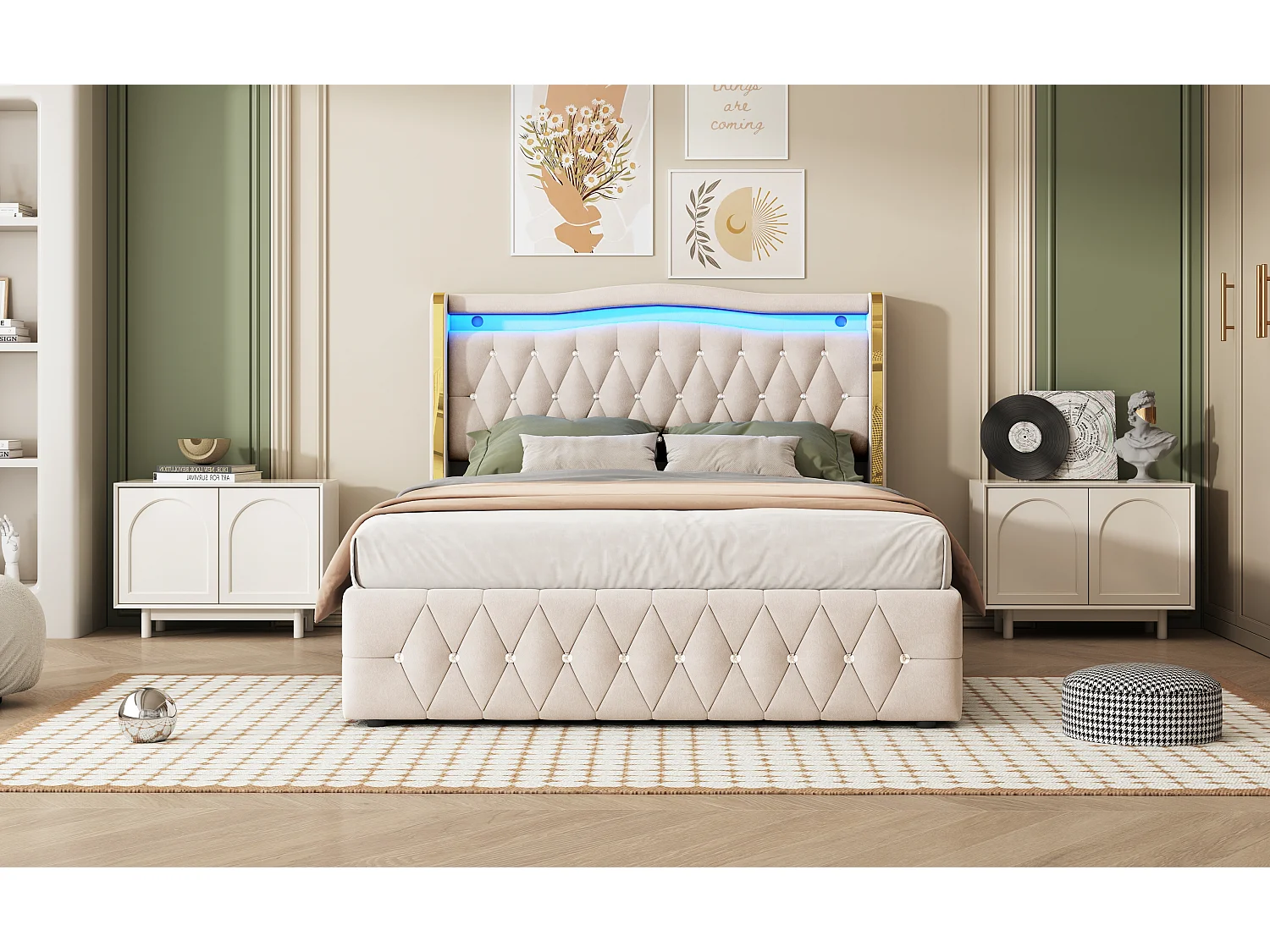 Cama con LED multicolor, sistema de almacenamiento hidráulico, tela de terciopelo, detalles de rombos, patas anchas, gris (140x200 cm)