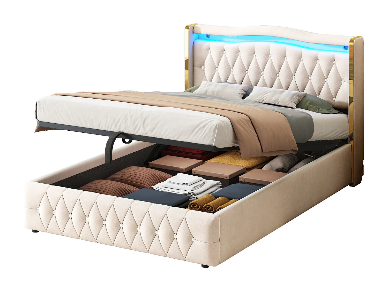 Cama con LED multicolor, sistema de almacenamiento hidráulico, tela de terciopelo, detalles de rombos, patas anchas, gris (140x200 cm)