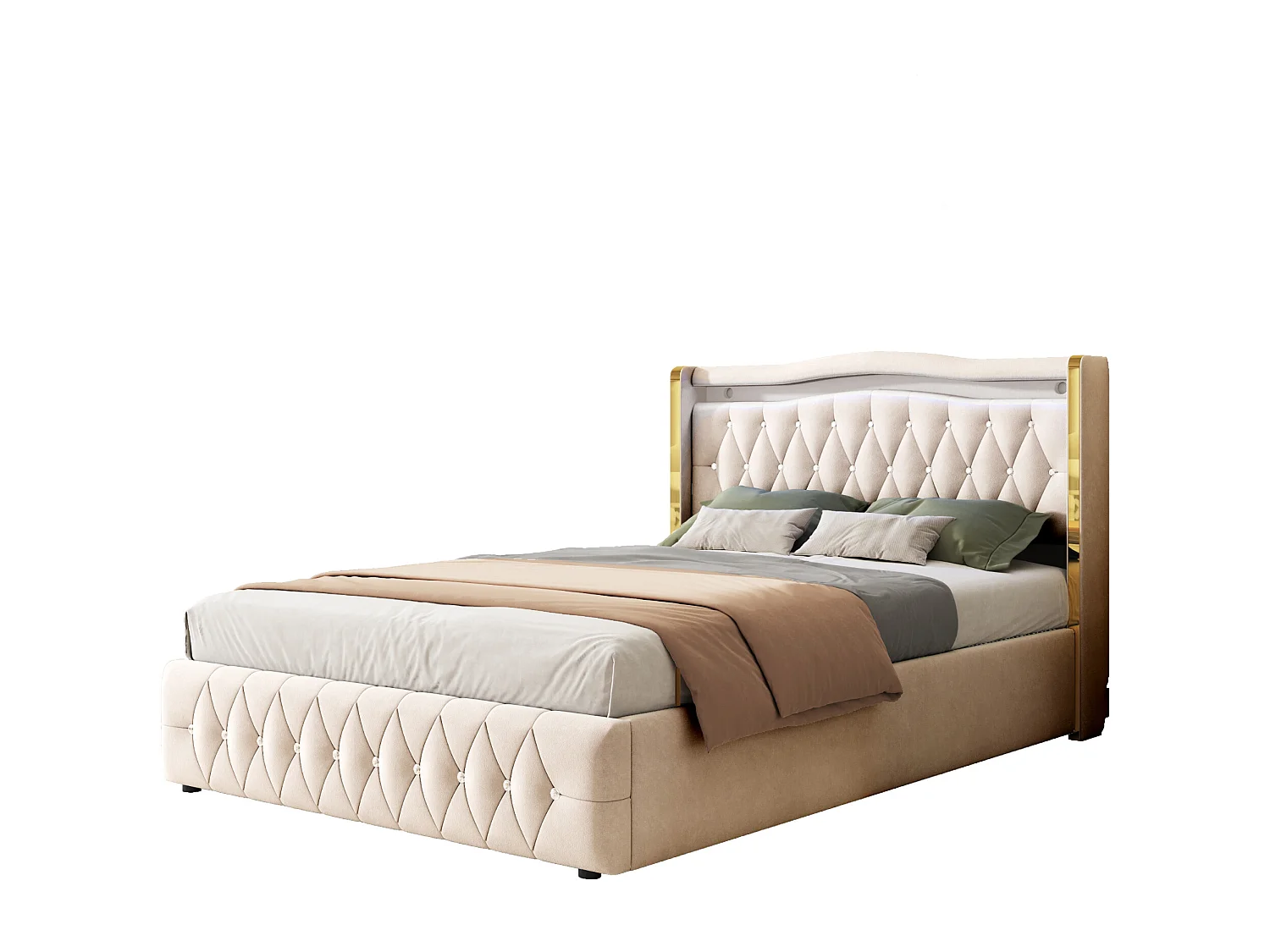 Cama con LED multicolor, sistema de almacenamiento hidráulico, tela de terciopelo, detalles de rombos, patas anchas, gris (140x200 cm)